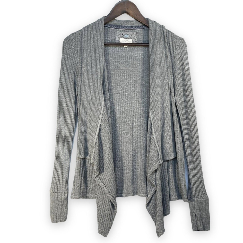 Cupio Blush Womens Gray Waffle Knit Draped Open Front Cardigan Sweater Small